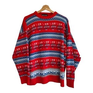 Vintage Pierre Cardin Red Blue Fair Isle Flowers Christmas Holiday Sweater